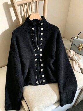 Black Casual Women's Knitted High Neck Long Sleeve Ribbed Cardigan
